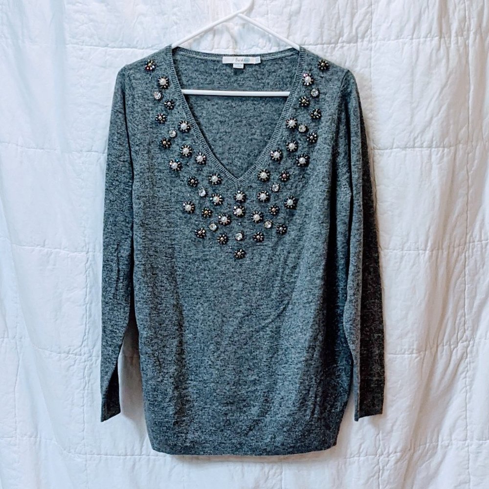 Boden Gray Festive Embellished V-Neck Sweater